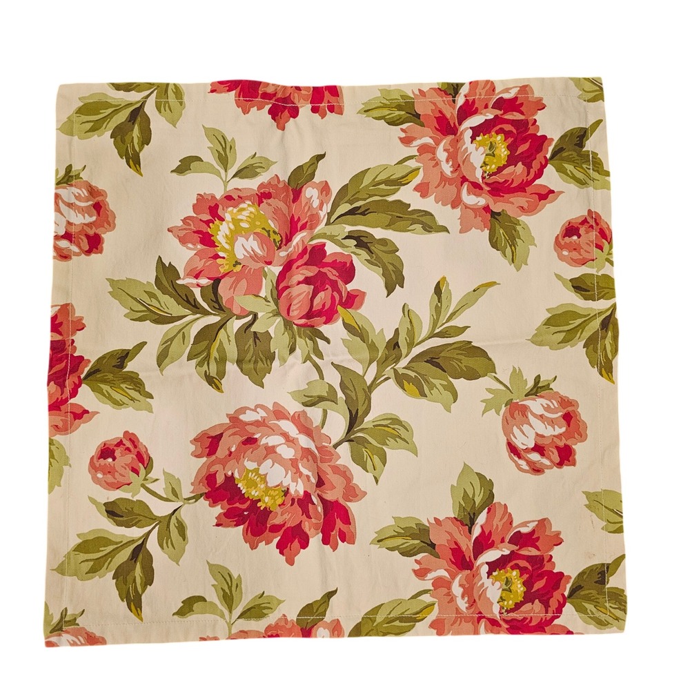 Pottery Barn Floral Peony Cotton Pillow Cover 20x20 Pink Red Green Cottage